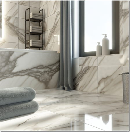 Современный интерьер ванной комнаты с плиткой керамогранит под мрамор, глянцевая поверхность, естественный свет, минималистичные аксессуары