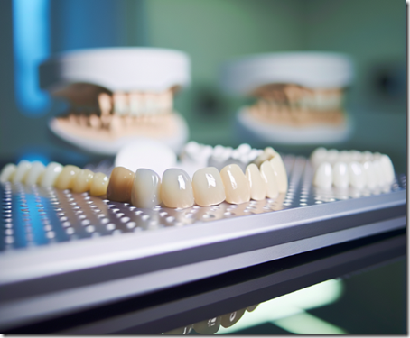 Различные виды керамических виниров на стоматологическом подносе, крупный план с натуральной текстурой