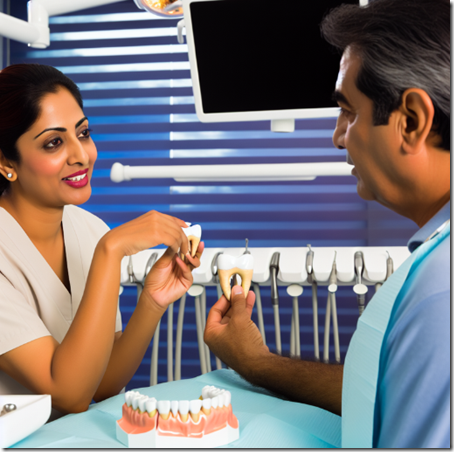 Дентальный хирург объясняет этапы двухэтапной имплантации пациенту, современный стоматологический кабинет, протезы и импланты на столе, атмосфера доверия и профессионализма